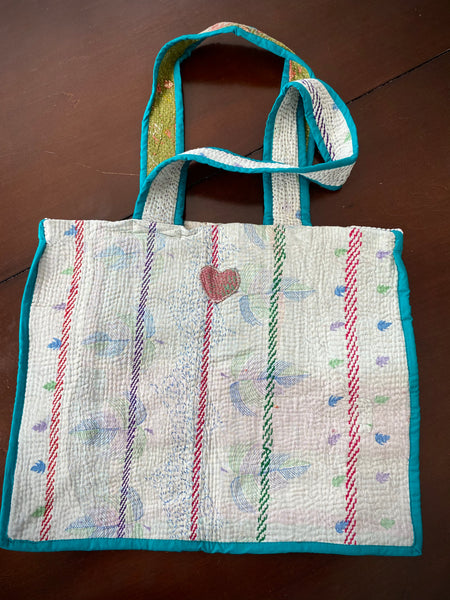 Kantha stitch bags. Neutral pattern with faint leaves.
