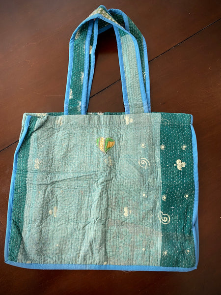 Kantha stitch bags. Green and gold pattern.