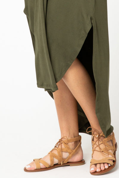 High low rounded hem on olive maxi.