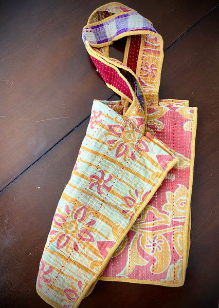 Kantha stitch bags. Reverse side of orange and pink pattern.