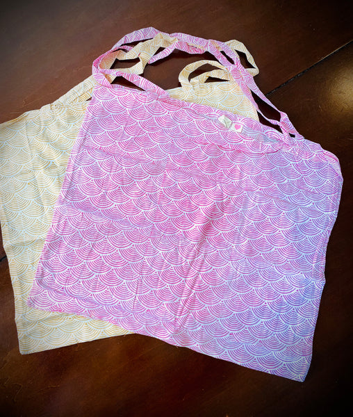 Reusable grocery bags foldable. Yellow and pink wave pattern.