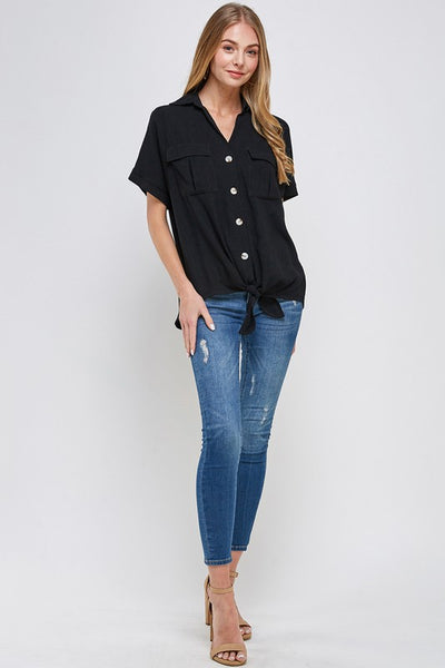 linen tie front top in black with jeans