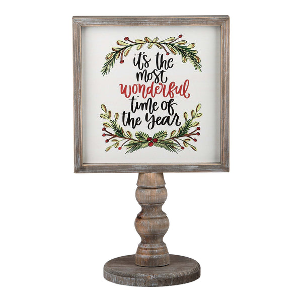 Christmas Decor for Mantel. Back reads, "It's the Most Wonderful Time of the Year" with holly branches. Vintage wood.