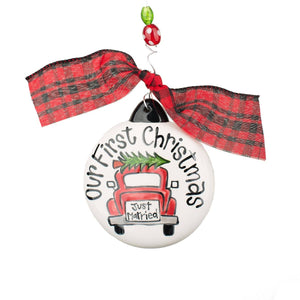 Our first Christmas ornament. "Our First Christmas" and "Just married" with vintage truck.