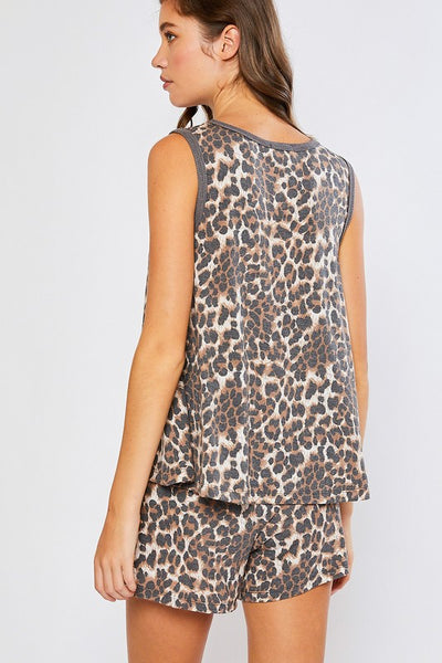 Rear view of Leopard print loungewear set with tank and shorts.