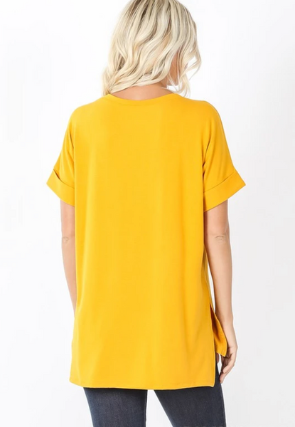 back view of Basic Tees Women: Short sleeve v-neck with rolled sleeve mustard