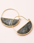Stone hoop earrings in dark gray labradorite and gold.