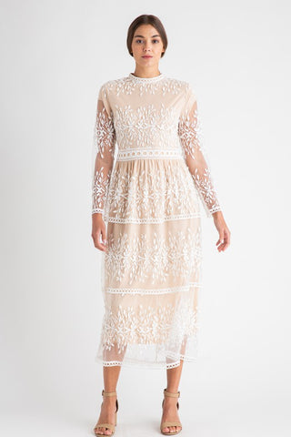 Women's dresses for wedding guest or bride. Ivory crocheted lace midi.