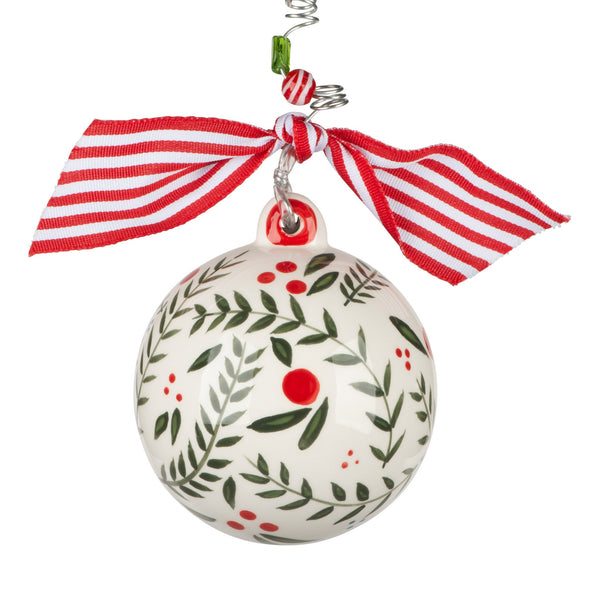 Back side of Christmas ornament with names. Hand-painted holly design with red striped ribbon on beaded hook.