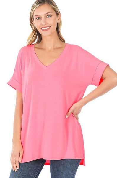 Basic Tees Women: Short sleeve v-neck with rolled sleeve bright pink