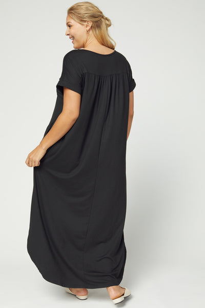 Back view of Women's Boutique Plus Size Dress - Black v-neck maxi with pleating at back yoke.