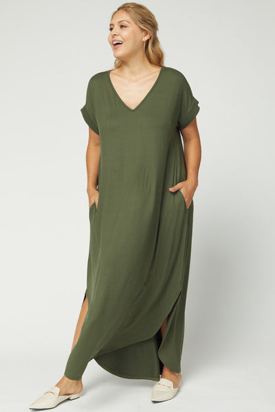 Women's Boutique Plus Size Dress - Olive v-neck maxi