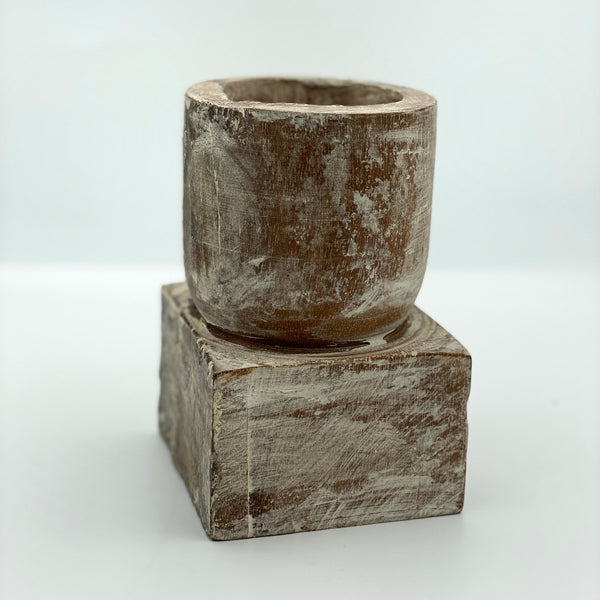 Sample of short square pillar candle holder wood.