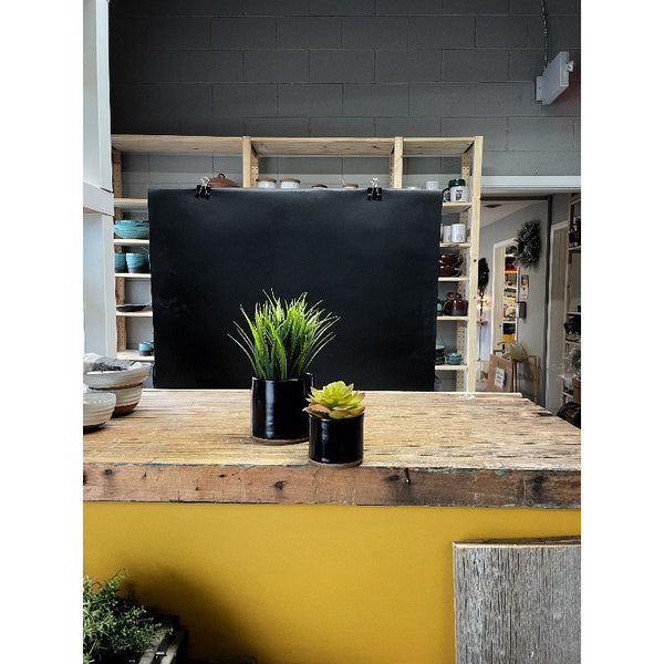 Pottery planters in black shown in photo shoot setup.