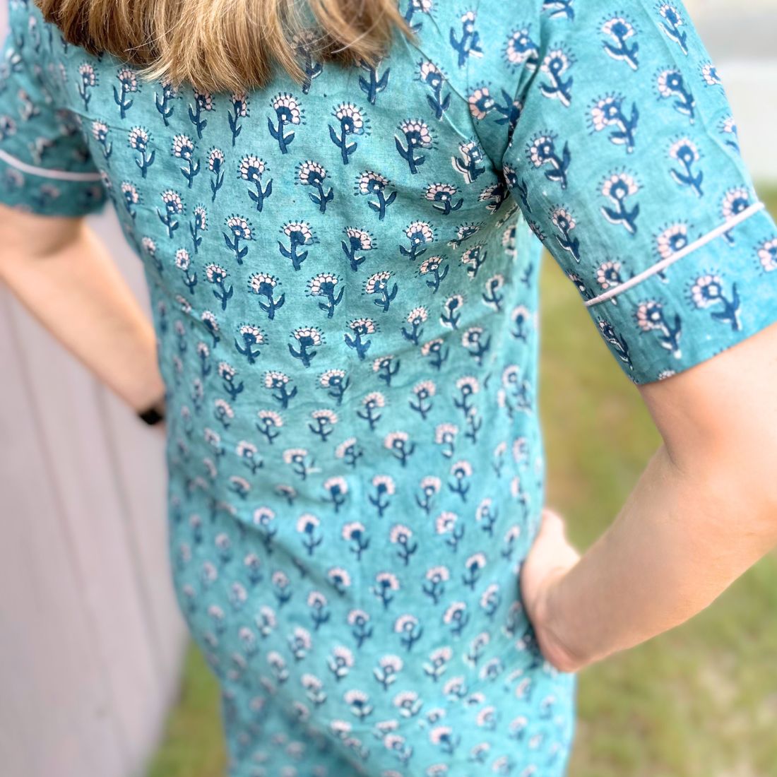 Block print pajama set back view in aqua fiesta.