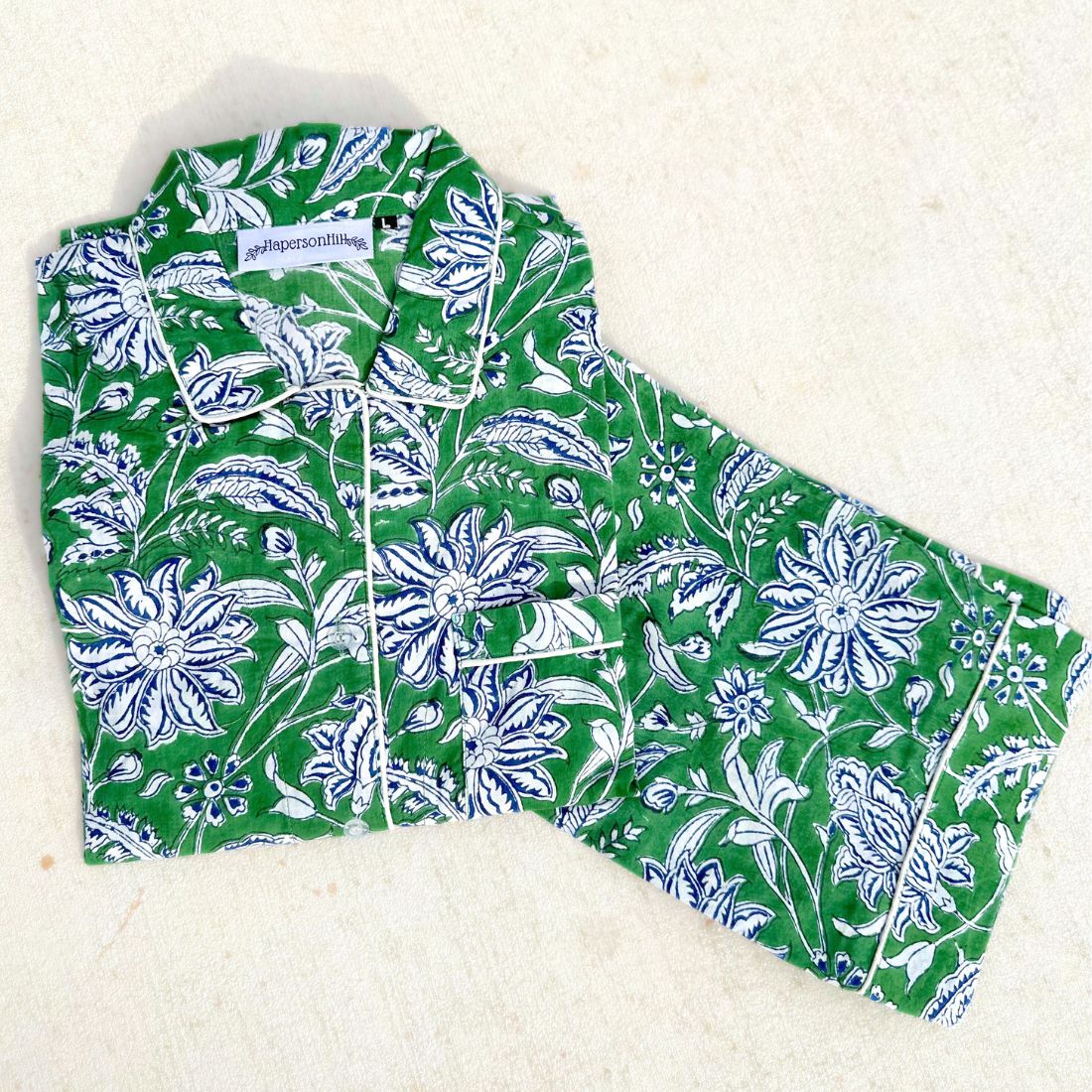 Block print pajama set in green dahlia.
