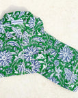 Block print pajama set in green dahlia.
