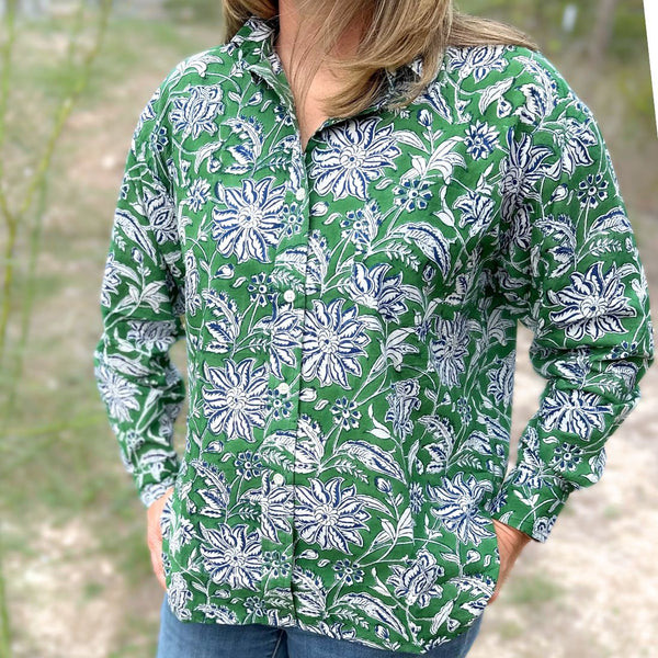 Green oversized cotton button down with long sleeves.