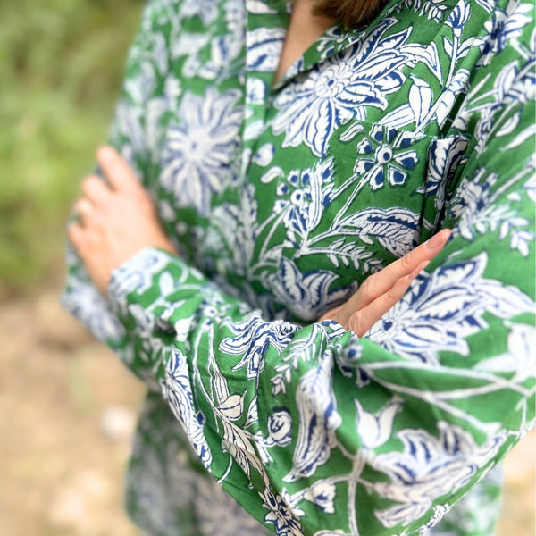 Green oversized cotton button down with left chest pocket.