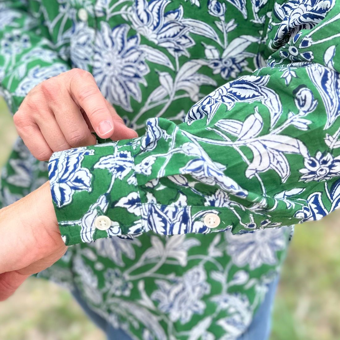 Green oversized cotton button down with button cuff.