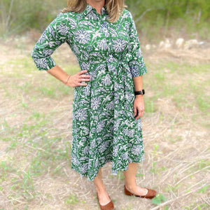 Green dahlia floral cotton day dress.
