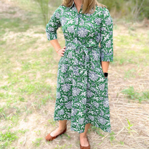 Green dahlia floral cotton day dress with optional waist sash.