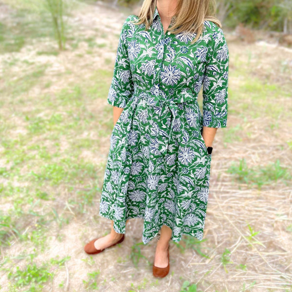 Green dahlia floral cotton day dress full length view.