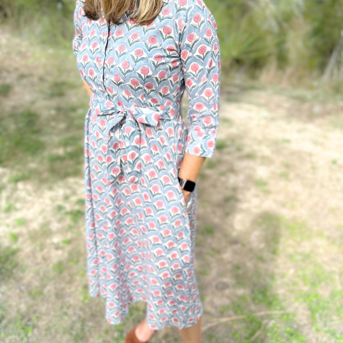 Sky chrysanthemum floral print cotton day dress with pockets.