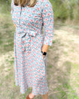 Sky chrysanthemum floral print cotton day dress with pockets.