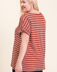 Back view. Women's tops plus size. Short sleeve dolman tunic in wine and ivory stripe.