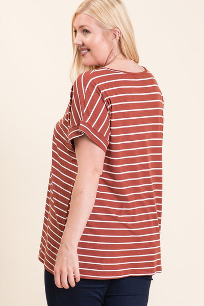 Back view. Women's tops plus size. Short sleeve dolman tunic in wine and ivory stripe.