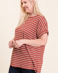 Women's tops plus size. Short sleeve dolman tunic in wine and ivory stripe.