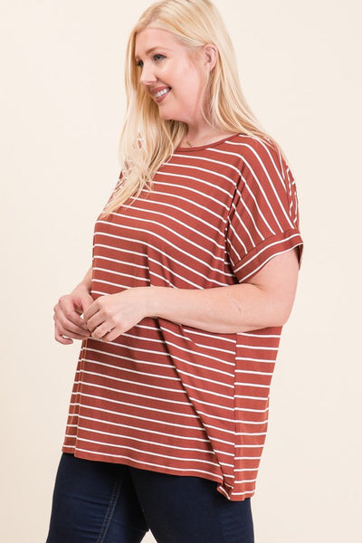 Women's tops plus size. Short sleeve dolman tunic in wine and ivory stripe.