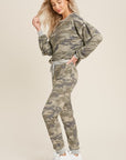 Women's camo top shown with matching joggers.