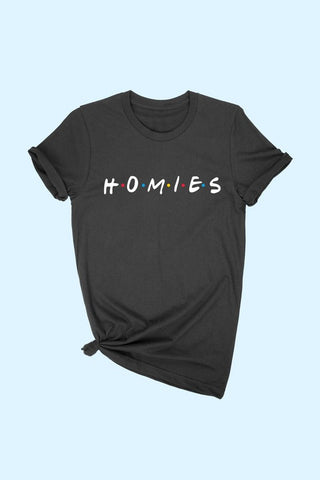 Black plus size graphic tee "Homies" in font from Friends show