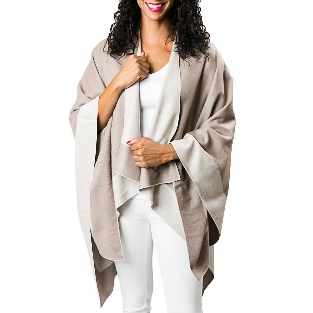 Women's Wraps and Shawls - Reversible Ruana in Khaki/Cream. Luxury softness.