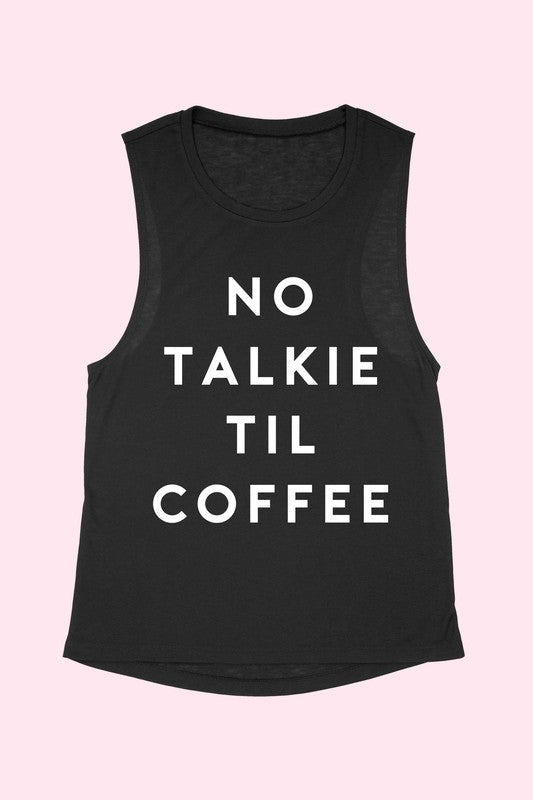 Black graphic muscle tee &quot;No Talkie Til Coffee&quot;