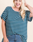 Teal and white stripe dolman sleeve tunic with front tuck in jeans.