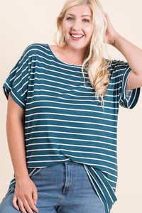 Teal and white stripe dolman sleeve tunic with front tuck in jeans.
