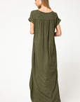 Back view of olive colored maxi with pleating at back yoke.