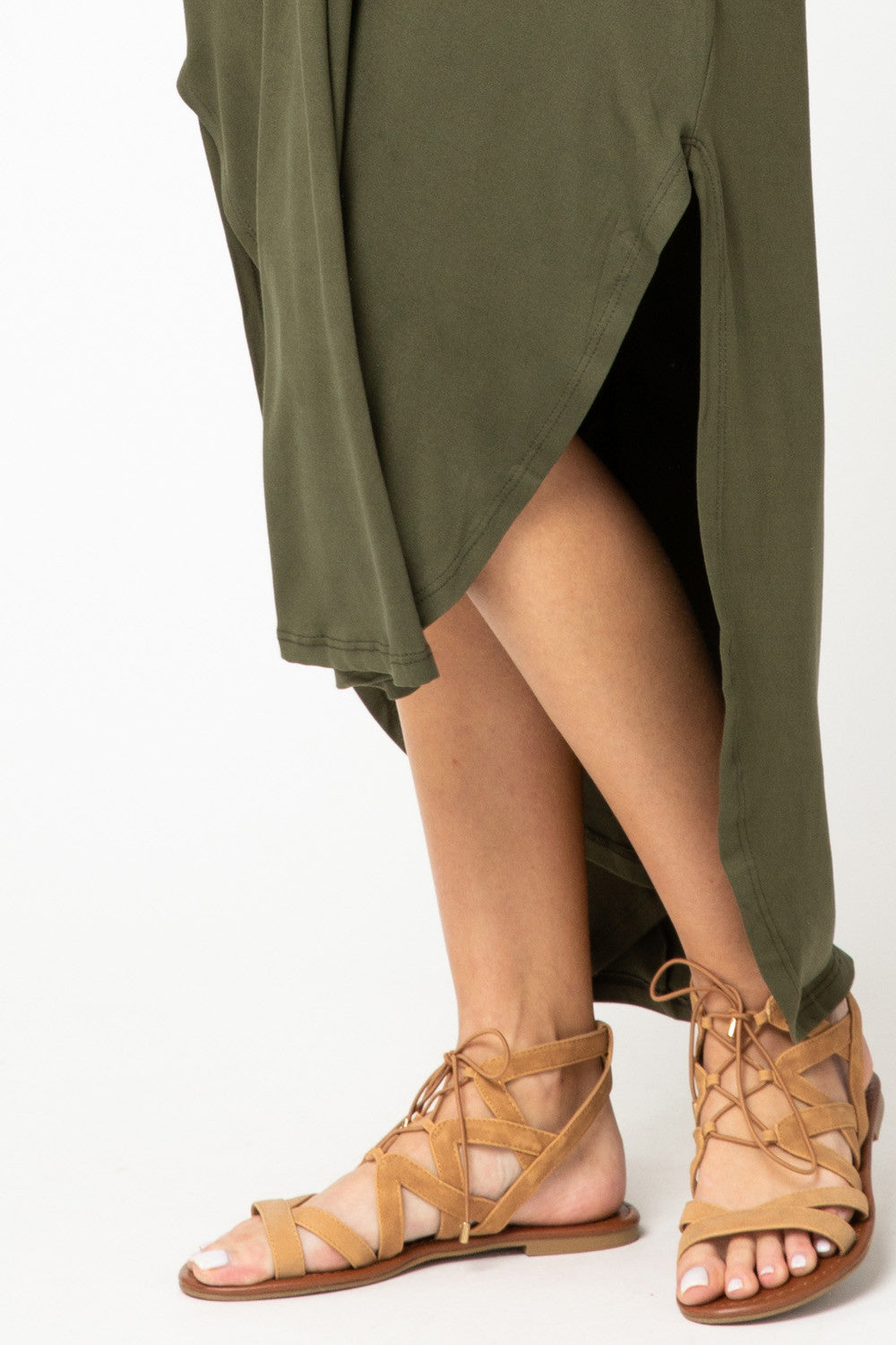 High low rounded hem on olive maxi.