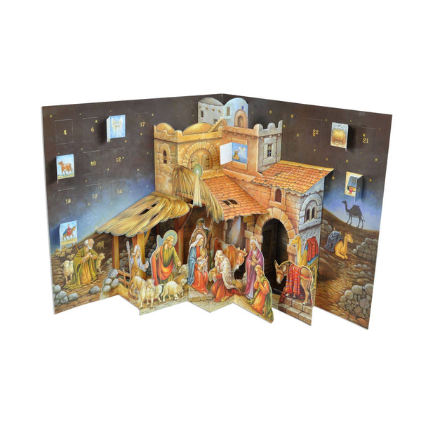 Kids Advent Calendar.  Fully opened 3D Nativity Pop-up calendar.