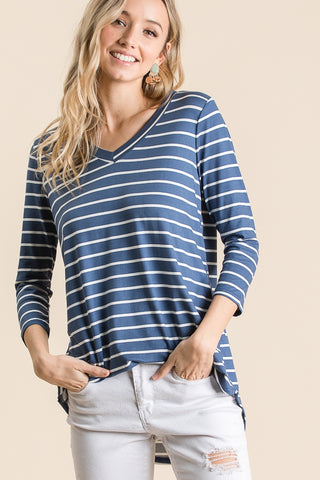 Women's 3/4 sleeve tunic in v-neck blue color with white horizontal stripes.