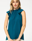 Ruffle neck and sleeve blouse in teal.