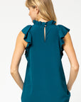 Back view of teal ruffle sleeve and neck blouse with keyhole closure.