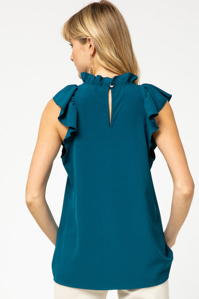 Back view of teal ruffle sleeve and neck blouse with keyhole closure.