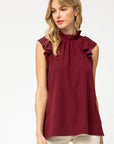 Women's tops and blouses with ruffle mock neck and ruffle sleeve in burgundy.