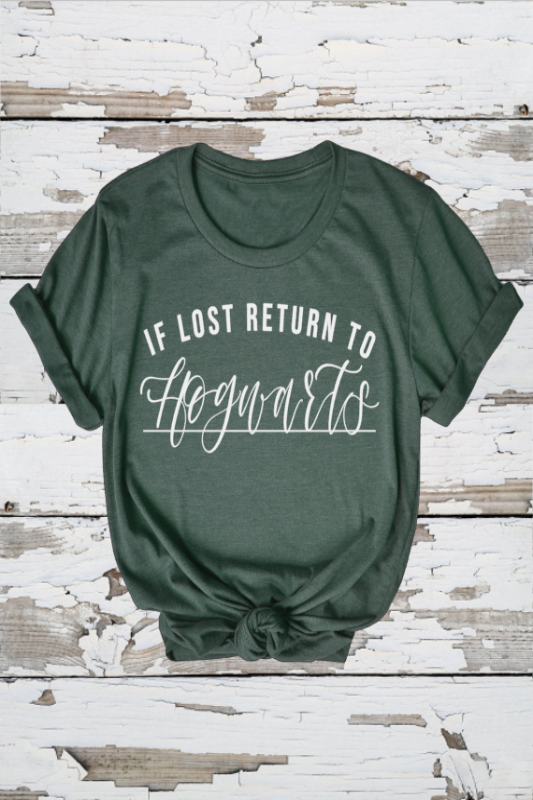 Women&#39;s Graphic Tee Shirts - &quot;RETURN TO HOGWARTS&quot; in dark green. 