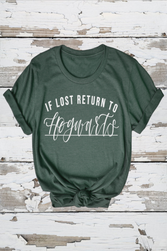 Women's Graphic Tee Shirts - "RETURN TO HOGWARTS" in dark green. 