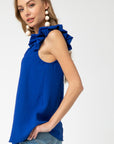 Side view of royal blue ruffle strap sleeveless top. Great length for coverage.